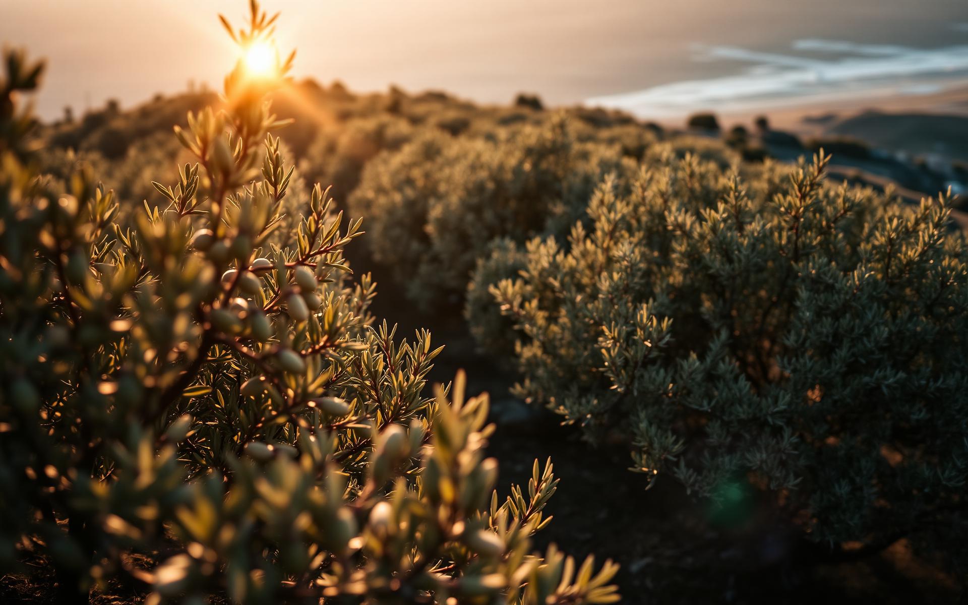 Sun-lit Albanian olive grove near the Mediterranean coast
